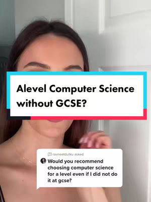 A woman with dark hair and fair skin is centered in the frame, with a clear view of the upper chest. The background is simple, featuring a white door and wall. A text overlay in a colorful rectangular box asks, 'Alevel Computer Science without GCSE?' A speech bubble displays a question about choosing computer science for A-level without GCSE background.