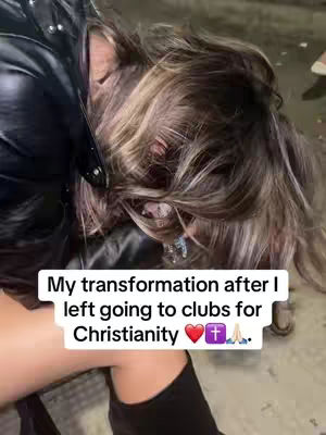 The image shows a personβs head, with long, light brown hair, lying down with their eyes closed. The image is slightly out of focus. A text overlay on the bottom says "My transformation after I left going to clubs for Christianity β€οΈβοΈππ».