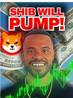 The cover image features a smiling man in the center, set against a backdrop of US dollar bills and green candlestick charts. Overlayed text reads 'SHIB WILL PUMP!' in large, bold, white letters with a red outline. A Shiba Inu logo is placed to the left of the man's face.