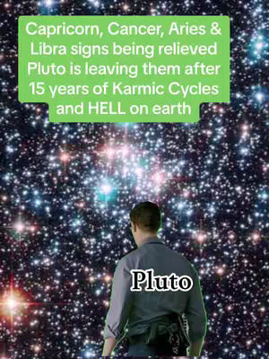 A man stands with his back to the viewer, gazing at a starry sky. A rectangular green text overlay sits above the man's head. The word "Pluto" is written in white text across the back of the man's shirt.