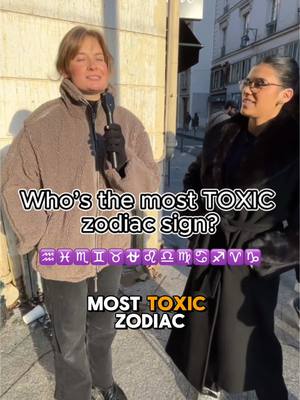 Two women stand outside, the focus on one woman on the left who is holding a microphone. The other woman on the right is looking towards the first woman, seemingly listening to an interview. The hook is a question about toxic zodiac signs.