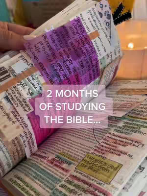 The cover image shows an open Bible with highlighted and annotated pages. Text overlayed reads, "2 MONTHS OF STUDYING THE BIBLE...". A hand holds the edges of the open pages, with a soft-focus background suggesting a candle and other items.