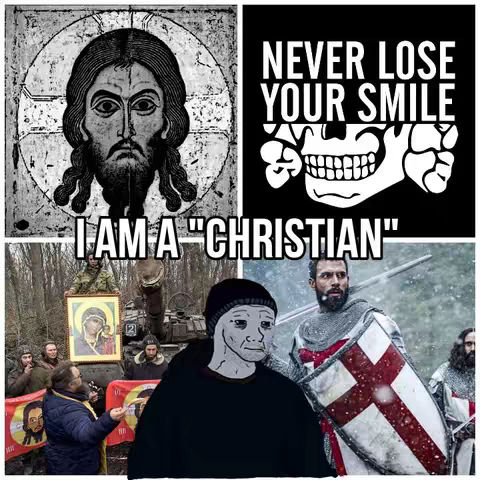 The image is a collage incorporating various visual elements. At the top left, there’s a detailed, stylized image of Jesus Christ. Beside it, in a contrasting black background, is a white graphic that reads 'NEVER LOSE YOUR SMILE' with a skeleton's teeth. Below the Jesus image, there's an impactful phrase in bold white letters: 'I AM A CHRISTIAN'. The bottom portion includes a photo of people in an outdoor setting carrying a portrait of Jesus and holding banners along with a digitally created comic image.
