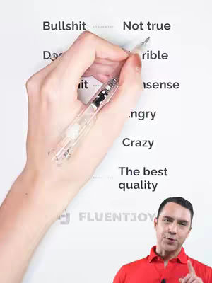 The cover image shows a hand writing on a white paper. The paper contains English phrases on the left, and their equivalent meanings on the right. In the bottom-right corner, the creator is visible, gesturing with his hands.