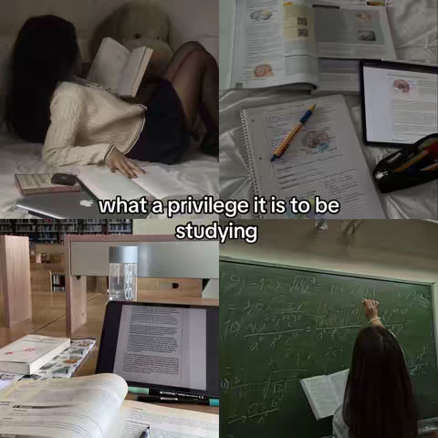 A collage of four images. In the top left, a person is in bed reading a book, with a teddy bear in the background. In the top right, a notebook and pen rest on a bed with open books. The bottom left showcases a desk with a laptop. In the bottom right, a person is writing on a chalkboard. Text is overlaid on the image.
