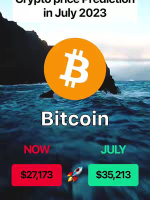The image is a vertically oriented graphic displaying a price prediction for Bitcoin in July 2023. The top section features text overlayed with a Bitcoin logo inside an orange circle. Below, the word "Bitcoin" is written, followed by a comparison of the current price and the predicted price. The colors are bright and appealing, with a background depicting a sea and sky scene.
