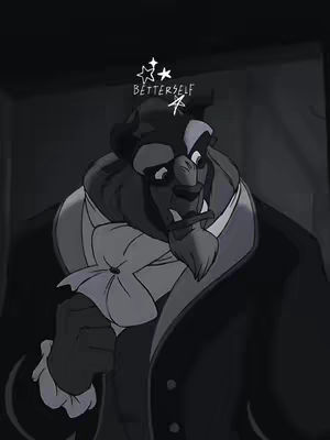 The cover image is a grayscale illustration featuring the Beast from Disney\'s "Beauty and the Beast," presented in a close-up shot from the chest up. The Beast is wearing a formal suit with a white cravat. Above him are star shapes with the word "BETTERSELF" inscribed. The background appears to be a shadowed interior.