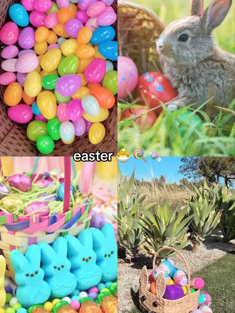 A colorful collage features Easter-themed imagery. The top left corner displays a basket overflowing with brightly colored Easter eggs in various shades, including pink, yellow, green, and blue. Adjacent to the eggs, on the top right, a gray rabbit is perched next to a basket filled with Easter eggs. Below, on the bottom left, Easter-themed Peeps alongside decorated Easter eggs in a basket are visible. The composite presents a festive and joyful Easter celebration.
