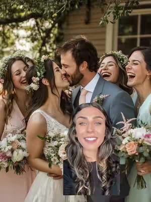 The cover image shows a group of people, with a wedding theme. In the center, a bride and groom are kissing, surrounded by smiling bridesmaids and friends. A foreground element shows the creator's face, overlaid on the bottom. The lighting is natural, and the composition focuses on joy and celebration.