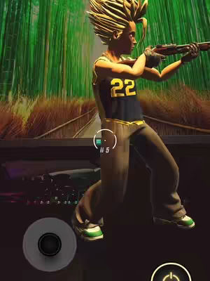 A dynamic, digitally rendered image featuring a character in a combat-ready stance amidst a stylized forest backdrop. The central figure, appearing to be a young man with spiky, golden-blonde hair, dons a black and gold tank top bearing the number '22'. He is holding a rifle-like weapon, positioned as if aiming, with a focused expression. The scene incorporates elements of a video game interface, including on-screen buttons and targeting reticles, suggesting a gaming or augmented reality (AR) context. The background consists of a dense arrangement of green bamboo stalks, adding depth and a tropical ambiance to the composition.