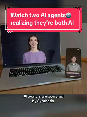 The image shows a laptop and a smartphone. The laptop displays a smiling woman on the screen. The smartphone screen has a man's avatar displayed, seemingly in a phone call interface. The background appears to be a minimalistic flat-lay set up with a wooden surface. Red rectangular text overlay appears on the top of the image, along with a smaller portion of text at the bottom which indicates the video is about AI avatars.