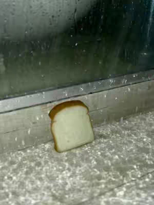The image shows a slice of bread in an outdoor setting. The bread is placed on a textured surface, possibly a ledge or a wall, with rain or water droplets visible around it creating small ripples. The backdrop features a blurred, out-of-focus view, with a window or similar structure with water on it. The contrast of the bright bread against the darker, wet background gives a striking visual.