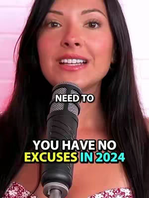 A woman with dark hair and fair skin is centered in the frame, holding a black microphone. Text overlays are positioned around her head, with a pink background that fades from light at the top to darker shades at the bottom, completing the image's portrait-style composition.