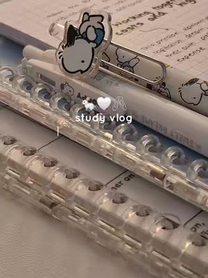 A close-up shot of a desk with school supplies. The foreground is a clear plastic binder with white pens and a paperclip shaped like a cartoon character. A notebook with handwritten notes is in the background, and the color scheme is soft and light.