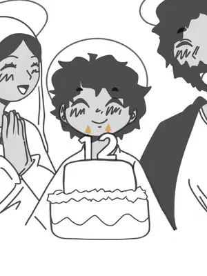 A black and white illustration depicting Jesus with the Virgin Mary and Joseph. Jesus is holding a birthday cake with the number 12 on it, with stylized tears coming from his eyes. The Virgin Mary and Joseph frame him, and all three figures have halos.