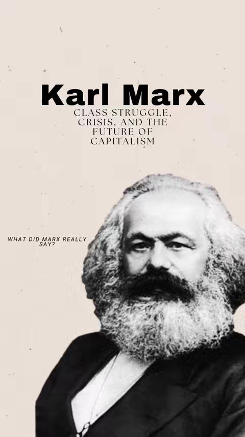 The image is a vertically oriented graphic with a vintage aesthetic. The foreground features a black and white portrait of Karl Marx, a man with long white hair and a full beard and mustache, wearing a dark suit and looking toward the left. Above the portrait, in large, bold black font, is the text "Karl Marx". Below, in smaller black text, are the phrases "CLASS STRUGGLE, CRISIS, AND THE FUTURE OF CAPITALISM" . In the bottom left, in a smaller font, text reads "WHAT DID MARX REALLY SAY?". The background has a faded, off-white appearance with a few small speckles.
