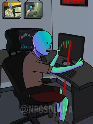 An illustration of a cartoon figure in a workstation environment. The figure, with a blue head and skin, is looking at a computer screen displaying a financial chart graph, with a large red candlestick dominating the center. The animated figure has its arms outstretched towards the screen, as if reacting to the graph. There are two other monitors displaying similar stylized images. The setting is a dimly lit room with a desk, chair, and computer