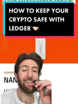 The cover image features a man speaking towards a microphone, with text overlayed at the top of the screen. A panel behind him advertises a Ledger device, set against an orange and white background.
