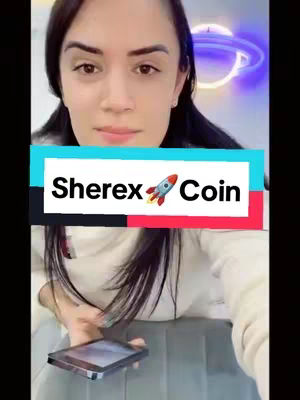 A woman is holding a black phone. The text overlay says "Sherex Coin" and has a rocket ship icon. Behind the woman is a neon sign in the shape of a planet.