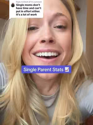 A close-up shot of a young woman with long blonde hair smiling at the camera. Overlaid on her image is a blue rectangle with white text that reads "Single Parent Stats". The background is blurred with warm tones.
