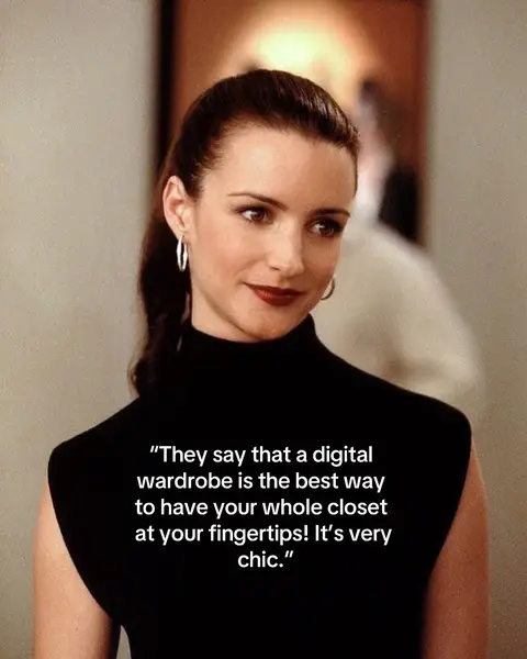 The image shows a woman with dark hair pulled back, wearing a black sleeveless top, and hoop earrings. She has dark lipstick and is looking slightly to her right with a subtle smile. Overlayed on the image is a black box with white text.