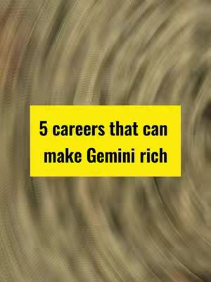 The cover image features a blurred background in shades of brown and beige. A bright yellow rectangle dominates the center, containing the white text '5 careers that can make Gemini rich'.