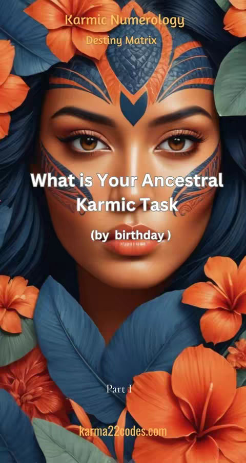 The cover image is a close-up shot of a woman's face in a vertical orientation, framed with stylized floral elements. The woman has dark hair, which is partially adorned with orange and blue floral designs. Her skin tone is light, and her features are enhanced with makeup. She has dark eyebrows, brown eyes, and a defined lip shape. The text overlay includes the title "Karmic Numerology Destiny Matrix" at the top, and the question, "What is Your Ancestral Karmic Task (by birthday?)" prominently in the center. The background subtly features additional floral and leaf motifs, in a palette of orange, blue, and white, creating a cohesive and visually appealing design.