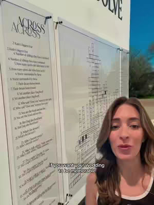 The cover image shows a woman in front of a whiteboard with a crossword puzzle on it. Text overlays indicate it is a wedding idea, with the woman's image in the lower right portion of the scene.