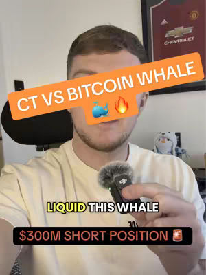 A man is holding a microphone in front of his face. There is an orange banner over his eyes with white text that reads "CT VS BITCOIN WHALE". Beneath that, the text "LIQUID THIS WHALE" is written in a different color font. At the bottom, there is a banner that says "$300M SHORT POSITION".