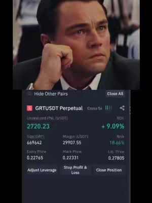 The cover image shows a split view. Above, it features a close-up of Leonardo DiCaprio, with a thoughtful expression. Below, it displays a screenshot of a trading platform, likely Binance, showing data for GRTUSDT with a 9.09% ROI. The overall composition combines a popular meme with a financial trading interface. The image is well-lit and employs a dark color palette.