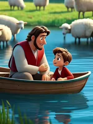 An animated image depicting a man and a young boy in a boat on a lake. The man, with a beard and red vest, smiles at the boy. The boy, also in a red shirt, looks back. Sheep graze in the background.