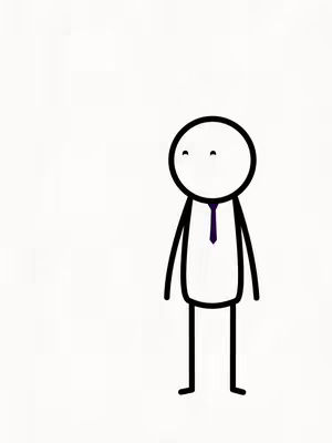 A simple, cartoon drawing of a stick figure wearing a white shirt, black slacks, and a purple tie. The figure has a blank, white face with small black eyes. The background is a plain white.