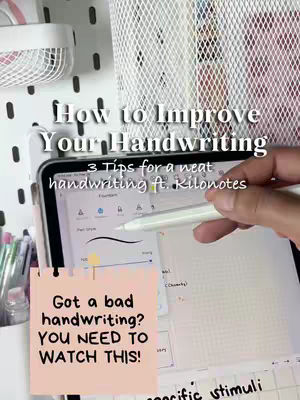 The cover image shows a tablet with a stylus, displaying a note-taking app interface with handwriting samples and tools. In the background, there's a pegboard, a white mesh container, and some pens. A pink sticky note overlay has the text 'Got a bad handwriting? YOU NEED TO WATCH THIS!'