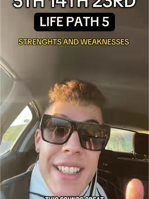 A man wearing large black sunglasses is seated in a car with the seat in front of him. The image is well-lit, with natural sunlight highlighting the man's face and the car's interior. The composition is a medium close-up, focusing on the man and the immediate car environment. The man is smiling. Overlaid on the image are text elements providing context related to numerology and life path analysis.