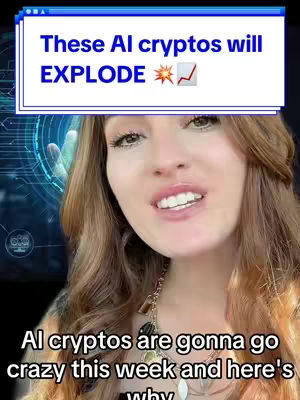 A woman is in a selfie-style video. She has long auburn hair and is wearing a necklace. Behind her is a blurred, tech-inspired background. A banner at the top features the text 'These AI cryptos will EXPLODE' with an explosion emoji and an upward-trending chart icon. Below, text says 'AI cryptos are gonna go crazy this week and here's why'.