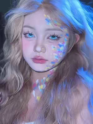 A close-up portrait features a fair-skinned individual with long, wavy blonde hair, partly illuminated by a dynamic blue light, possibly artificial illumination. Her light skin is complimented by a soft, pink blush on her cheeks and lips. A cascade of small, colorful, confetti-like shapes is applied to her face, starting near her eye and trailing down her neck. The expression is serene, with large blue eyes that are accentuated with perfectly applied makeup, including defined eyebrows and long eyelashes that give her a wide-eyed look.