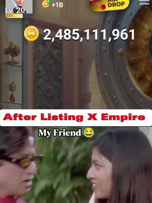 The image shows two people, a man and a woman, in a scene that appears to be from a movie or television show. The man is on the left side, wearing sunglasses. The woman is on the right side, with her profile visible. Text overlays are present, indicating a humorous or thematic context related to an X Empire and a friend.