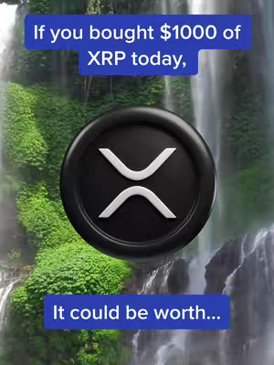 The image shows an XRP cryptocurrency logo placed in front of a waterfall and lush greenery, overlaid with text predicting the value of XRP, and a call to action. The logo, a black circle with white chevron arrows, is central. Text is in solid blue boxes, and the background suggests a tropical environment. The layout is vertical.