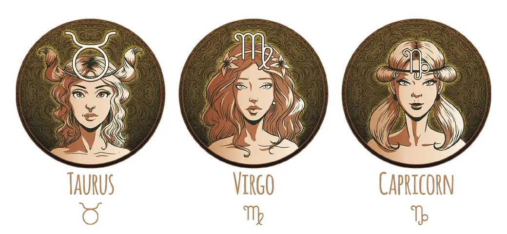 The cover image features three women, each representing a zodiac sign. They are depicted in circular frames with a dark, patterned background. Each woman has stylized features and is adorned with accessories that symbolize her sign like horns for Taurus. Text labels the signs at the bottom.