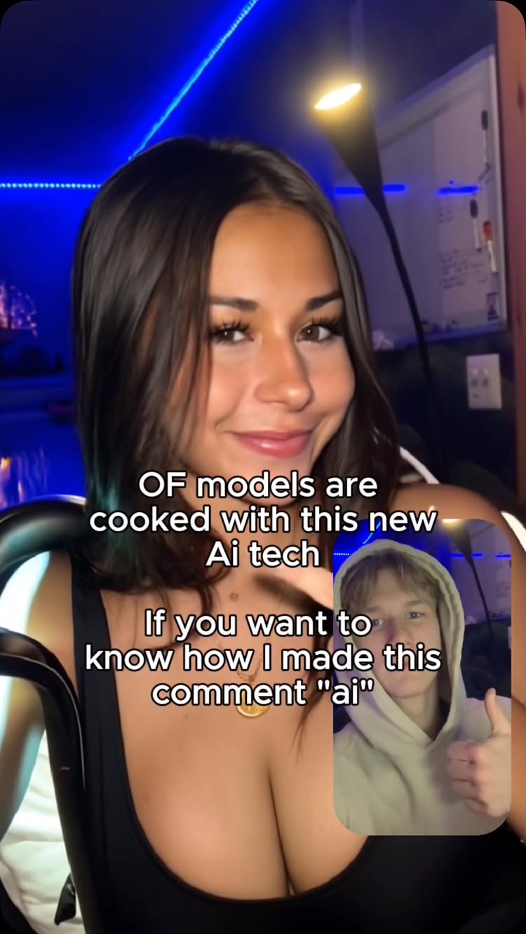 A young woman with brown hair is smiling at the camera. Text overlays state that "OF models are cooked with this new Ai tech" and ask viewers to comment "ai". In the bottom right is a thumbnail of a young male creator giving a thumbs up.