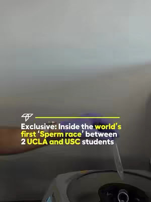The cover image presents a vertical shot in a laboratory setting. A section of a white surface is visible, possibly part of a larger piece of lab equipment, with a purple hue reflecting in the upper area. The text overlay indicates the video is about a sperm race performed by UC students.