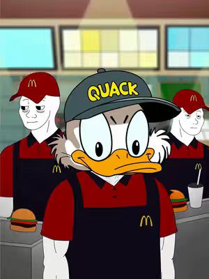 An animated cover image shows a duck character in a McDonald's uniform, wearing a cap with 'QUACK' written on it. Two other white-faced individuals wearing McDonald's caps and uniforms stand behind him. There are burger and drink elements visible in the background.