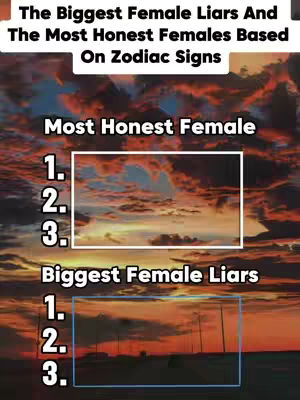 The image is formatted with a title at the top and two sections below: "Most Honest Female" and "Biggest Female Liars", each with numbered lists indicating a ranking. The background shows a sunset with orange and blue tones.
