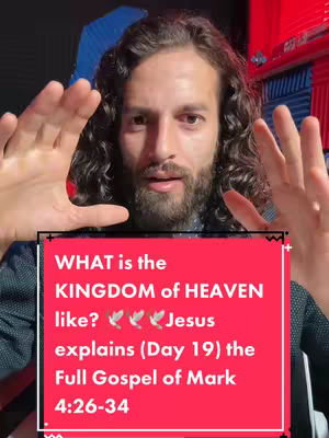 A man with long, curly brown hair and a beard framed by his hands, showing text on a red background overlay. The background has red and blue elements. The overall composition is centered and uses a selfie-style format.