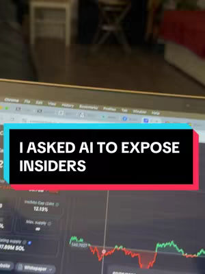 The image shows a laptop screen with a stock chart and an overlay with text. The text reads "I ASKED AI TO EXPOSE INSIDERS" on a black background with a blue and red border. The overall composition is a screenshot of a laptop screen.
