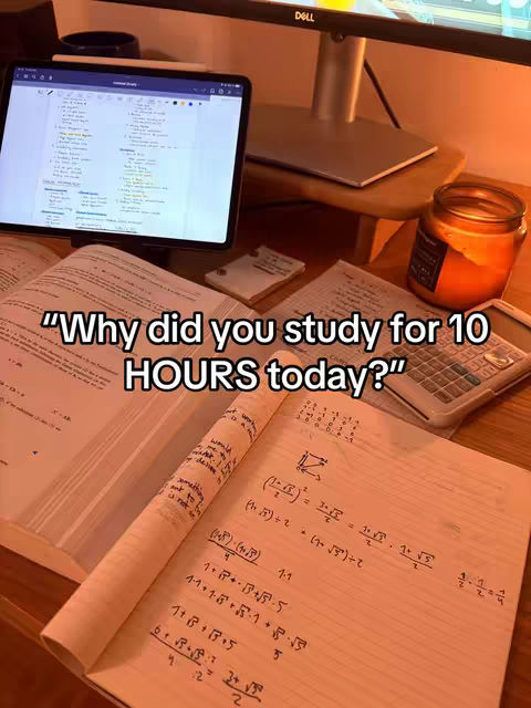 The cover image shows an open notebook with handwritten notes, a tablet displaying typed notes, and other study materials scattered across a wooden surface. The top of the image showcases a monitor and a side table with a candle and other objects. There's a text overlay that reads, 'Why did you study for 10 HOURS today?'