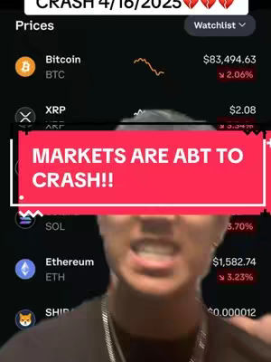 A screenshot depicting cryptocurrency prices, overlaid with text on a red background. At the bottom a person is visible looking angry.
