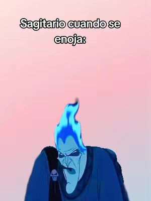 The cover image features a cartoon character representing Hades from Disney's Hercules animated movie. The character is depicted with a blue flame-like hair and a stern expression, set against a gradient background of pink and light orange. Text overlayed on the top says, "Sagitario cuando se enoja:" 