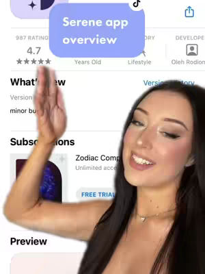 A woman with long dark hair is smiling, holding her hand up. The image shows the interface of an app with the rating and other information.