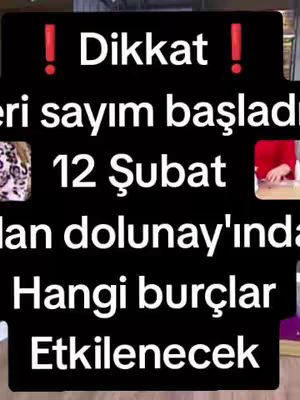 The cover image is a text overlay on a black background. There are red exclamation marks on either side of the text 'Dikkat'. Below this, the text 'eri sayım başladı' and '12 Şubat' are visible. At the bottom, the text suggests the video's topics:  'Aslan dolunay'ında' and 'Hangi burçlar etkilenecek.' The layout uses a bold font and color contrast to grab attention. There are hints of images in the background, but they are cut off from the image frame.